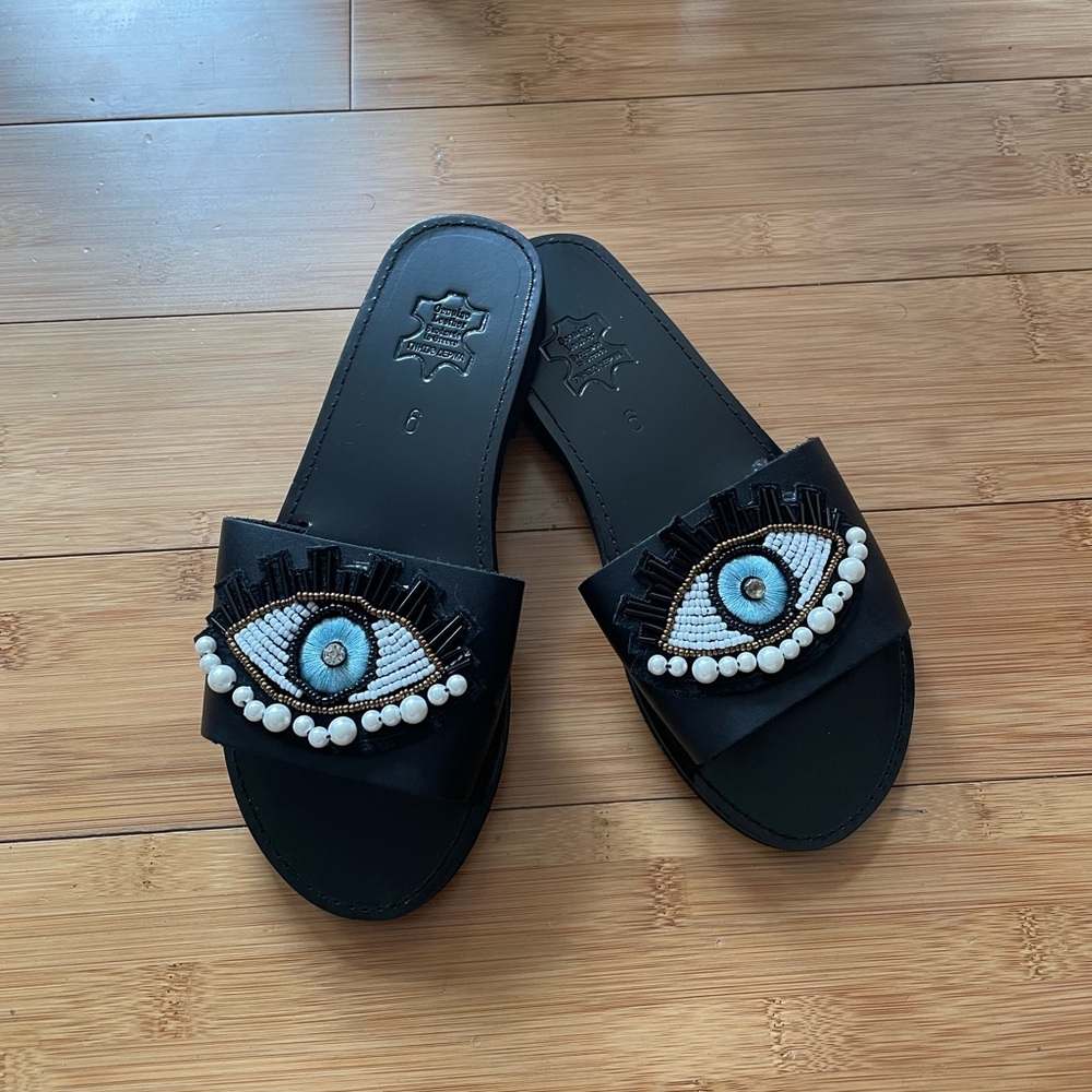 Greek “evil eye” leather sandal slides